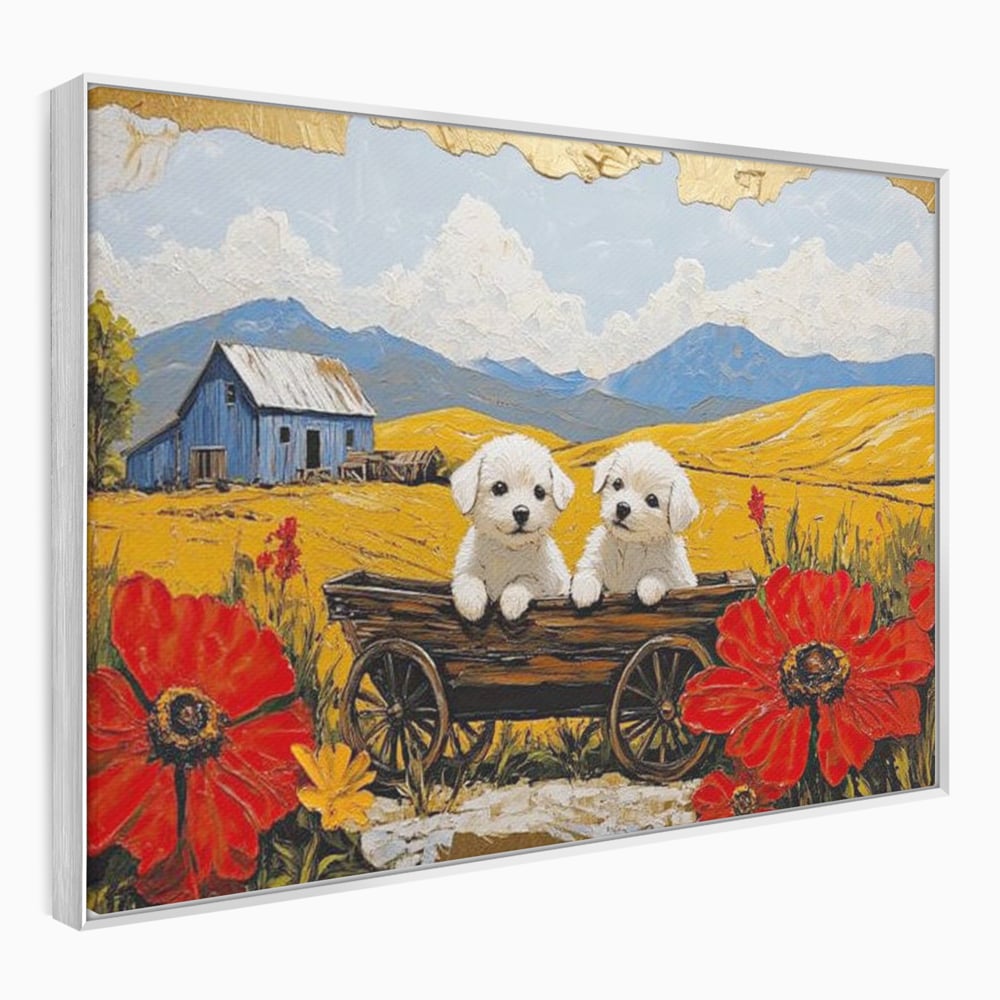 Tablou canvas cu tablou canvas cu catei in caruta si maci, in rama de aluminiu argintiu